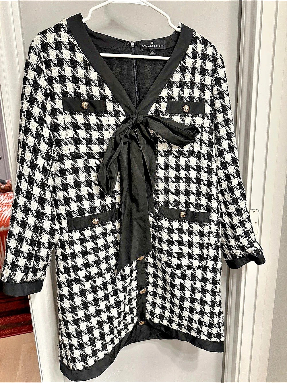 Tuckernuck Pomander Place Houndstooth Bow Front dress in Black & White Size L